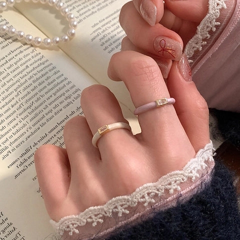 Enamel Zircon Open Ring Copper Gold Plated Rectangular Stone Sweet Elegant Korean Style Jewelry For Women