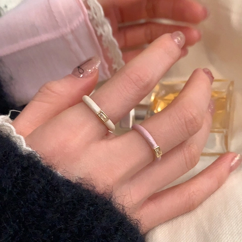 Enamel Zircon Open Ring Copper Gold Plated Rectangular Stone Sweet Elegant Korean Style Jewelry For Women