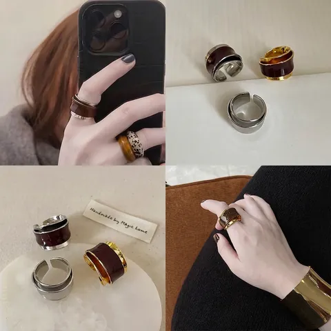 Anillo De Cobre Vintage Estilo Maillard Francés Irregular Esmalte Resina Doble Capa Banda Ancha Ajustable Joyería Mujer