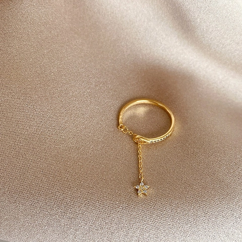 Star Pendant Drop Chain Ring Copper Zircon Gold Plated Adjustable Elegant Fashion Jewelry Women