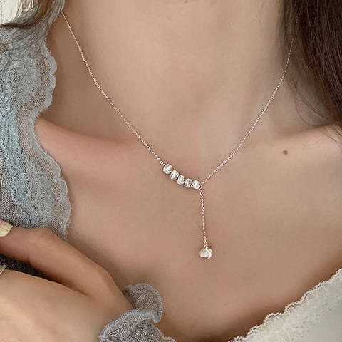 Collier En Y Avec Perles De Cuivre Minimaliste Ton Argent Mat Géométrique Lariat Chaîne De Clavicule Pour Femmes Bijoux De Mode