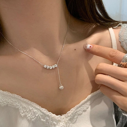 Collier En Y Avec Perles De Cuivre Minimaliste Ton Argent Mat Géométrique Lariat Chaîne De Clavicule Pour Femmes Bijoux De Mode