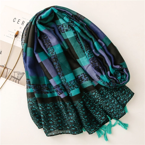 Women Plaid Scarf Lightweight Soft Cotton Linen Feel Shawl Large Tassel Wrap Thin Fashion Accessory Every Season