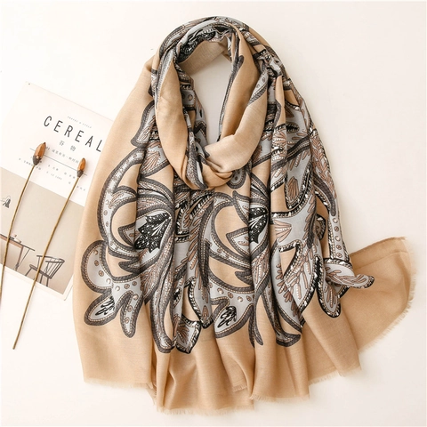 Sciarpa Lunga Scialle Donna Effetto Cotone Lino Trama Spina Di Pesce Stampa Dorata Paisley Floreale Vintage Etnico