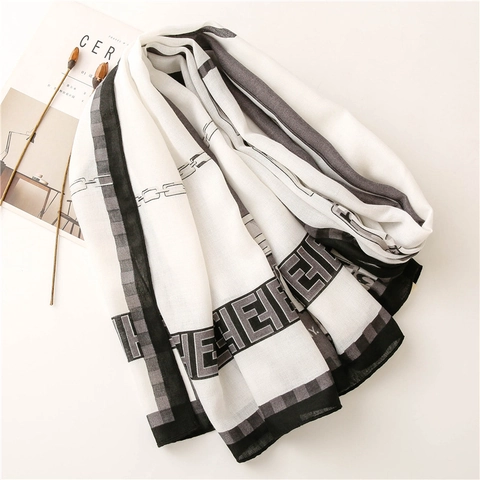 Fashion Scarf Shawl Long Cotton Linen Feel Polyester Geometric Chain Letter Print Soft Lightweight Wrap For Women