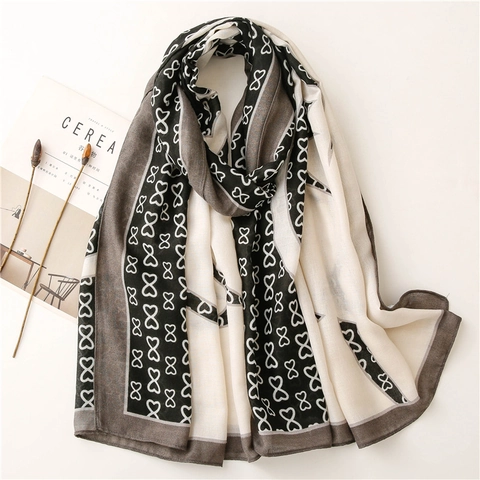 Elegant Women Long Scarf Shawl Polyester Cotton Linen Feel Thin Breathable Black White Grey Bow Flower Print