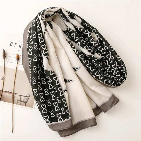 Elegant Women Long Scarf Shawl Polyester Cotton Linen Feel Thin Breathable Black White Grey Bow Flower Print