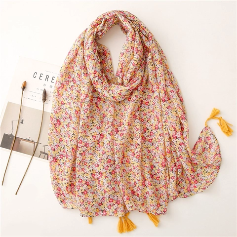 Dames Sjaal Met Bloemenprint Lichtgewicht Polyester Voile Omslagdoek Met Kwastjes Zacht Elegant Zonbescherming