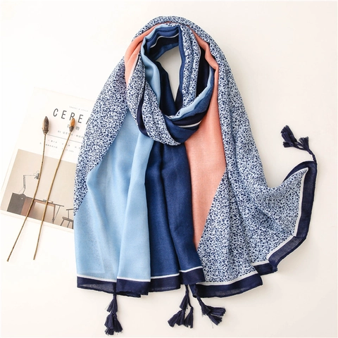 Women Long Scarf Shawl Polyester Cotton Linen Feel Color Block Tassel Floral Leopard Print Lightweight Soft Wrap