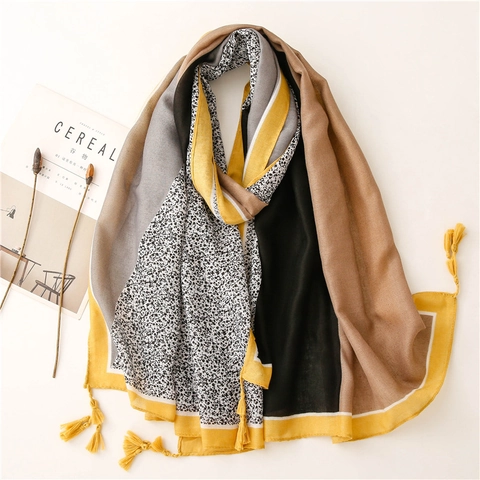Women Long Scarf Shawl Polyester Cotton Linen Feel Color Block Tassel Floral Leopard Print Lightweight Soft Wrap