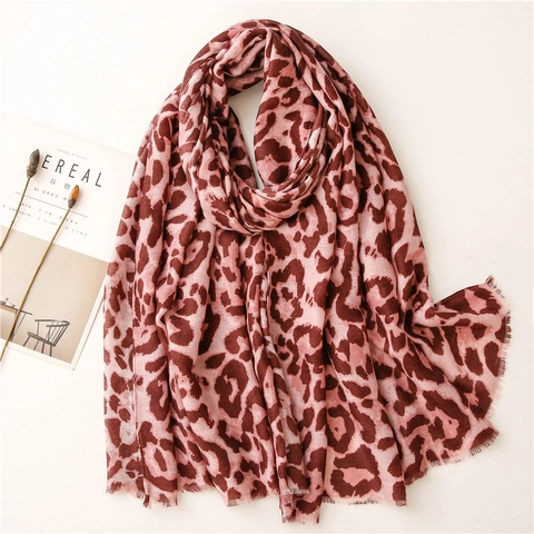 Leopard Print Scarf Shawl For Women Large Polyester Cotton Linen Feel Lightweight Fringed Beach Sun Protection Wrap