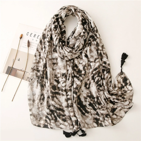 Écharpe Châle À Franges Pour Femmes Polyester Sensation Coton Lin Imprimé Léopard Tie Dye Doux Fin Voyage