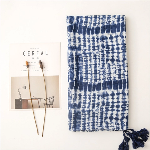 Polyester Scarf Tie Dye Blue And White Porcelain Style Long Shawl With Tassels Retro Ethnic Style For Women
