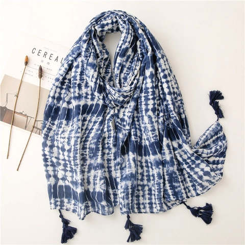 Polyester Scarf Tie Dye Blue And White Porcelain Style Long Shawl With Tassels Retro Ethnic Style For Women