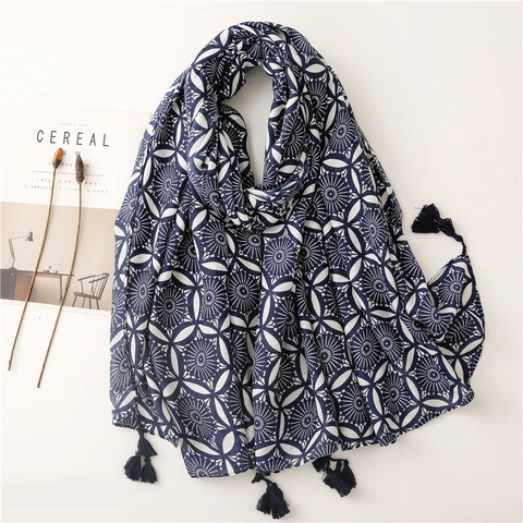 Long Scarf Shawl Polyester Cotton Linen Feel Geometric Print Ethnic Bohemian Style Retro Tassels For Women Wrap