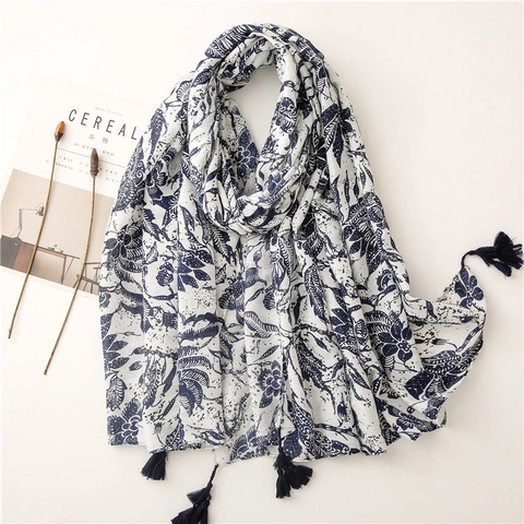 Retro Ethnic Blue And White Porcelain Print Scarf Shawl Polyester With Tassel Fringe Women Travel Beach Sun Protection