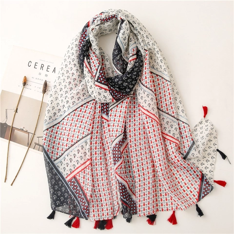 Sciarpa Scialle In Voile Stile Nautico Con Stampa Ancora E Nappine Stile Marino Vintage Per Donna