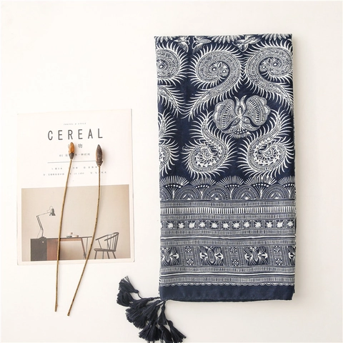 Sciarpa Stampa Etnica Boho Lunga Effetto Cotone Lino Paisley Con Nappine Retrò Blu Bianco Scialle Per Donne