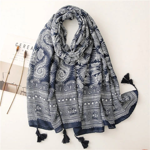 Sciarpa Stampa Etnica Boho Lunga Effetto Cotone Lino Paisley Con Nappine Retrò Blu Bianco Scialle Per Donne
