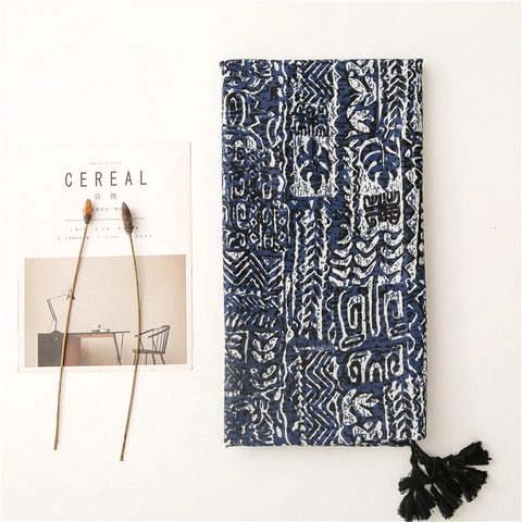 Ethnic Style Tribal Print Scarf Long Shawl With Tassels Cotton Linen Feel Polyester Navy Blue White Decorative