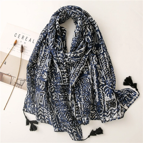 Ethnic Style Tribal Print Scarf Long Shawl With Tassels Cotton Linen Feel Polyester Navy Blue White Decorative