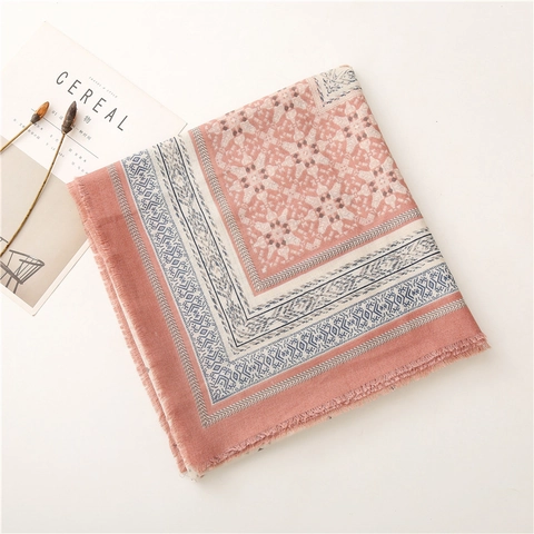 Ethnic Geometric Print Large Square Shawl Scarf Polyester Voile Cotton Linen Feel Fringed Wrap For Women