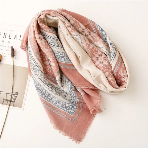 Ethnic Geometric Print Large Square Shawl Scarf Polyester Voile Cotton Linen Feel Fringed Wrap For Women