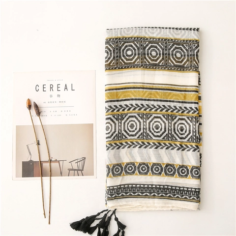 Retro Ethnic Scarf Shawl Voile Polyester Geometric Pattern Tassel Boho Wraps For Women Fashion Accessory