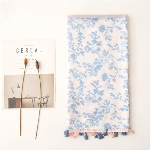 Elegant Voile Scarf For Women Pink Blue Leaf Print Shawl With Tassels Lightweight Sun Protection Wrap Fashion Scarf
