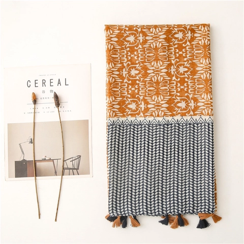 Ethnic Patchwork Scarf Voile Polyester With Tassels Bohemian Geometric Print Long Shawl For Women
