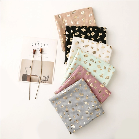 Women Fashion Scarf Gold Stamping Leopard Print Metallic Lightweight Breathable Shawl Thin Bali Yarn Polyester Cotton