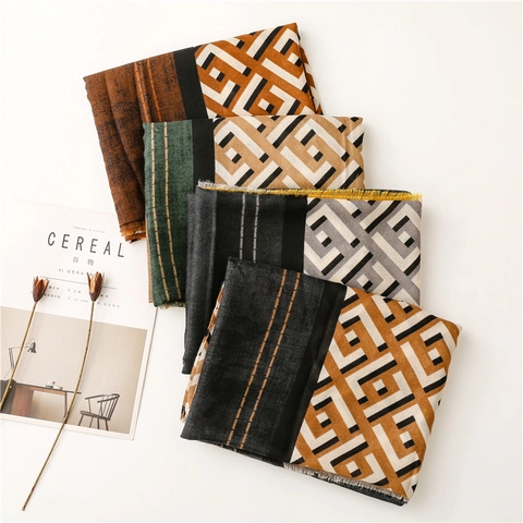 Damen Schal Stola Polyester Baumwolle Leinen Haptik Geometrisch Farblock Fransen Quasten Retro Groß Einwickeln