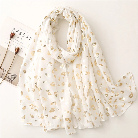 Women Fashion Scarf Gold Stamping Leopard Print Metallic Lightweight Breathable Shawl Thin Bali Yarn Polyester Cotton