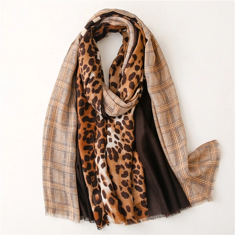 Leopard Plaid Patchwork Scarf Polyester Sun Protection Long Shawl For Women With Frayed Edge