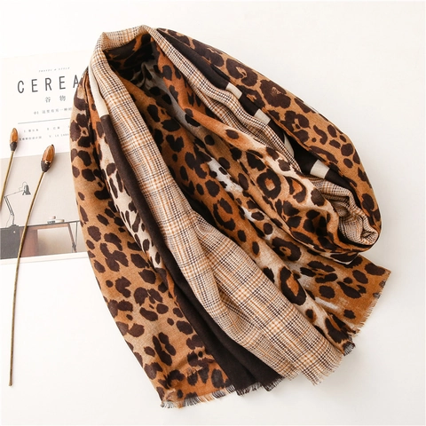 Leopard Plaid Patchwork Scarf Polyester Sun Protection Long Shawl For Women With Frayed Edge