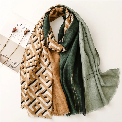 Damen Schal Stola Polyester Baumwolle Leinen Haptik Geometrisch Farblock Fransen Quasten Retro Groß Einwickeln