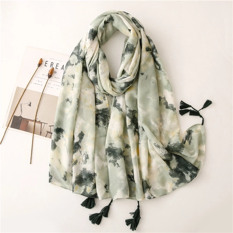 Women Long Scarf Shawl Polyester Cotton Blend Linen Feel Ink Print Tie Dye Tassels Artistic Sun Protection Beach Wrap