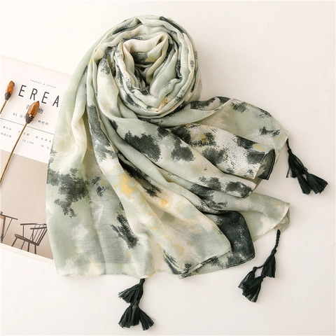 Women Long Scarf Shawl Polyester Cotton Blend Linen Feel Ink Print Tie Dye Tassels Artistic Sun Protection Beach Wrap