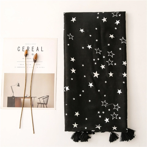 Women Scarf Shawl Polyester Cotton Linen Feel Star Print Fringe Tassel Retro Beach Wrap Fashion Accessory