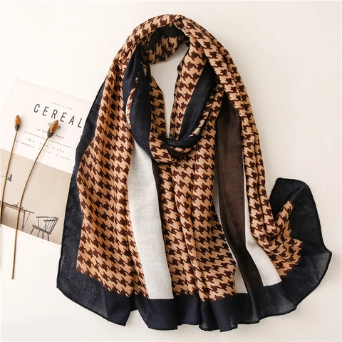 Houndstooth Scarf Long Shawl For Women Lightweight Polyester Cotton Linen Feel Sunscreen Elegant Retro Wrap