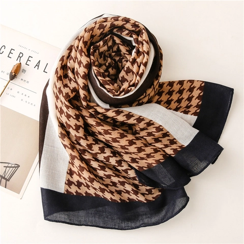 Houndstooth Scarf Long Shawl For Women Lightweight Polyester Cotton Linen Feel Sunscreen Elegant Retro Wrap