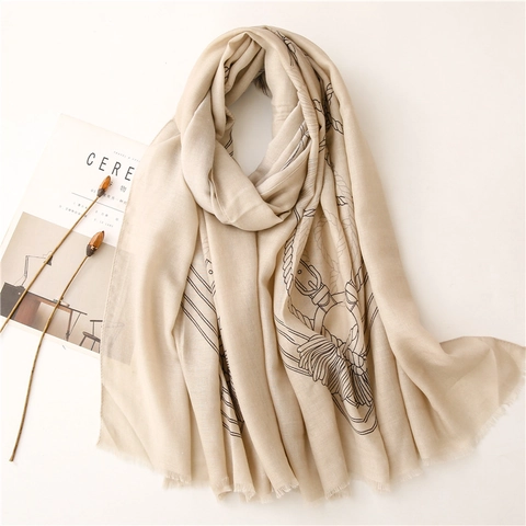 Sciarpa Lunga Moda Scialle Per Donna Sensazione Cotone Lino Poliestere Stampa Corda Nautica Protezione Solare Frange