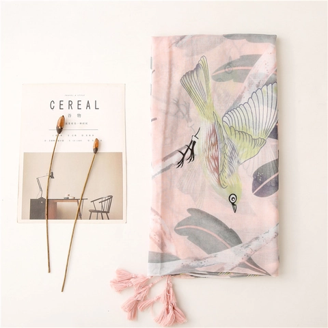 Women Bird Print Scarf Shawl Polyester Tassel Sun Protection Beach Thin Breathable Wrap Elegant Spring Summer Fashion Accessory