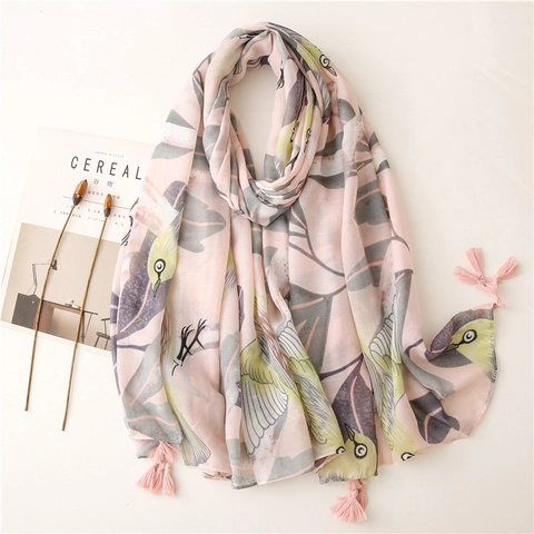 Women Bird Print Scarf Shawl Polyester Tassel Sun Protection Beach Thin Breathable Wrap Elegant Spring Summer Fashion Accessory