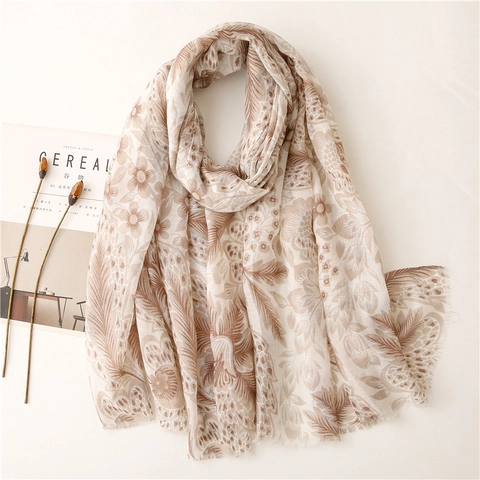 Women Long Scarf Vintage Floral Feather Print Polyester Shawl Lightweight Breathable Sun Protection Bohemian Style