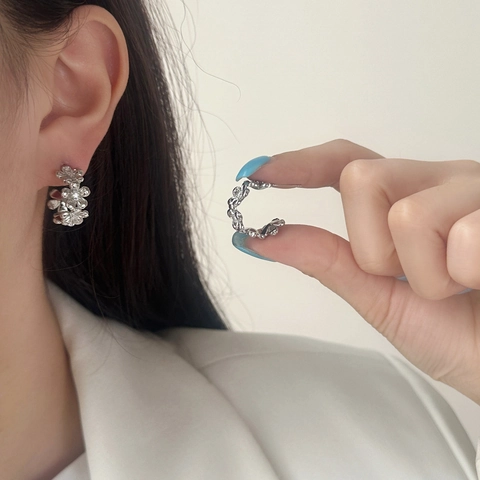 Elegant Copper Flower Hoop Earrings With Zircons C Shaped Cluster Floral Studs Jewelry For Women