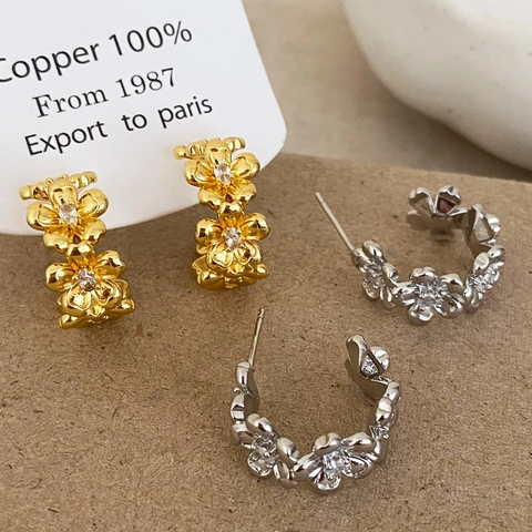Elegant Copper Flower Hoop Earrings With Zircons C Shaped Cluster Floral Studs Jewelry For Women