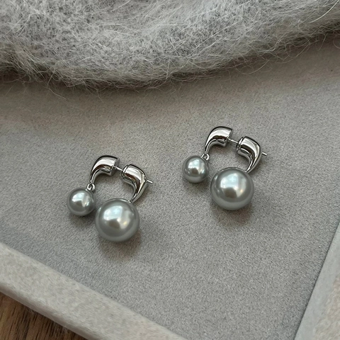 Pendientes De Doble Perla Artificial Cobre Elegante Geométrico Minimalista Lujo Accesorio De Moda Para Mujer