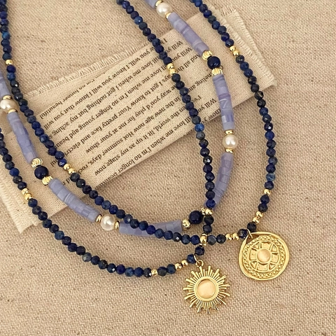 Collana In Lapislazzuli E Perle D'acqua Dolce Con Pendente A Sole In Agata Occhio Di Gatto Gioielli Retrò Bohemian Donna