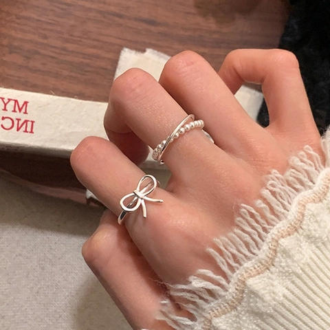 Verstellbare Schleifen Und Künstliche Perlen Ringe Kupfer Minimalistischer Süßer Modeschmuck Für Damen